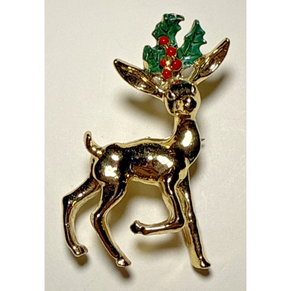 Vintage Signed Gerry's Reindeer and Holly‎ Christmas Holiday Brooch J-3D
